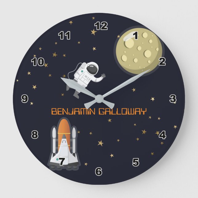 Kids Astronaut Moon Rocket Solar System Spaß Große Wanduhr (Vorderseite)