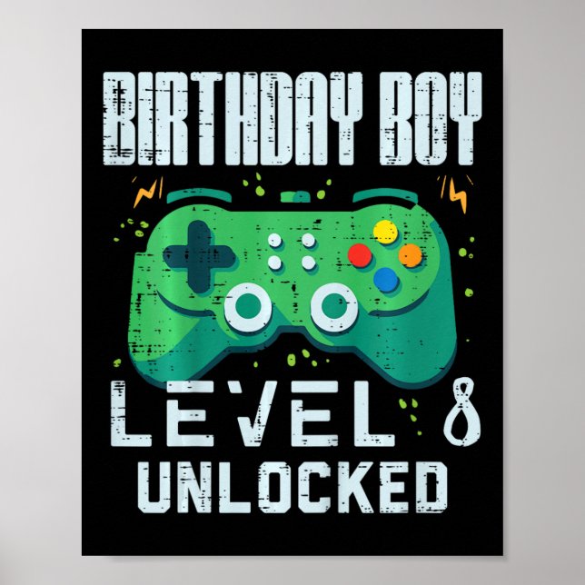 Kids Birthday Boy Level 8 Unlocked Gamer Controlle Poster (Vorne)