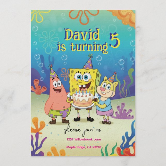 Kids Birthday Invitation cute Cartoon Sponge Theme Einladung (Vorderseite)
