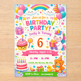 Kids Birthday Invitation | Unicorn, Balloons Acryleinladungen