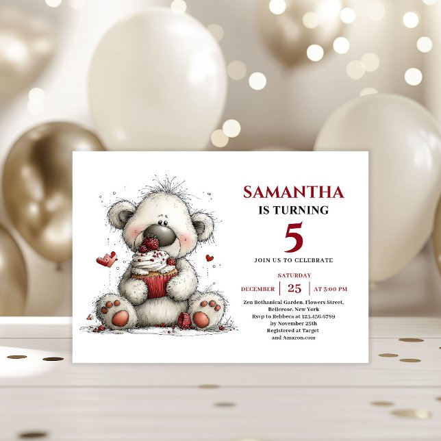Kids Birthday Invitation Whimsical Teddy Bear Einladung (Modern Whimsical animals Party Art kids birthday invitation)