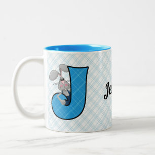 Kid's Blue Jackrabbit Monogram Letter J mit Name Zweifarbige Tasse