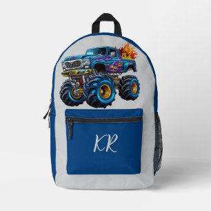 Kids Blue Monster Truck Orange Flames Initialen Bedruckter Rucksack