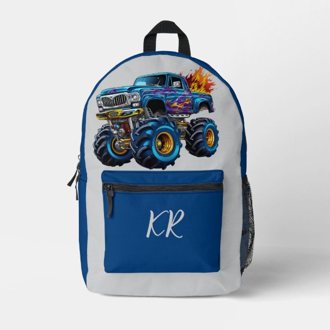 Kids Blue Monster Truck Orange Flames Initialen Bedruckter Rucksack (Vorderseite)