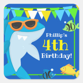 Kids Blue Shark Fintastic Birthday Quadratischer Aufkleber