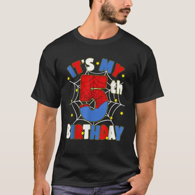 Kids Boys It s My 5th Birthday Spider Theme Party  T-Shirt (Vorderseite)