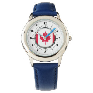 Kid's Canada Flag Blue Leather Strap Watch Armbanduhr