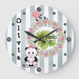 Kids childish fun cute striped gray white personal große wanduhr