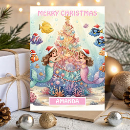 Kids Christmas Mermaid Coral Celebration Feiertagskarte