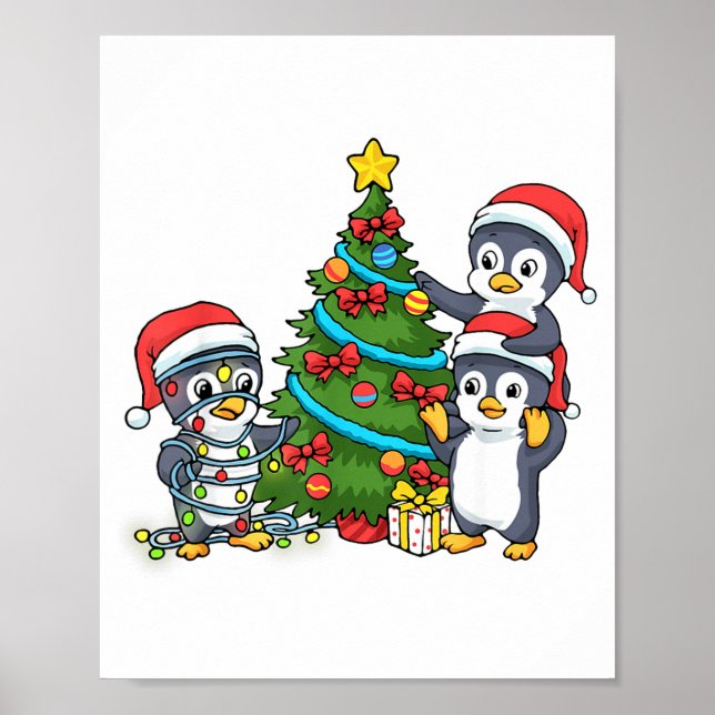 Kids Christmas Penguin Christmas Tree Lights Baubl Poster (Vorne)