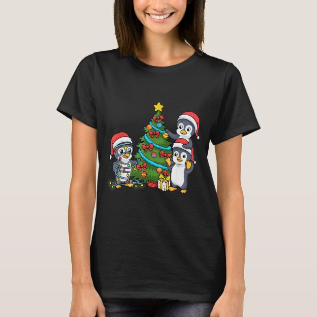 Kids Christmas Penguin Christmas Tree Lights Baubl T-Shirt (Vorderseite)