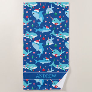 Kids Christmas Shark Narwhal Personalisiert Strandtuch