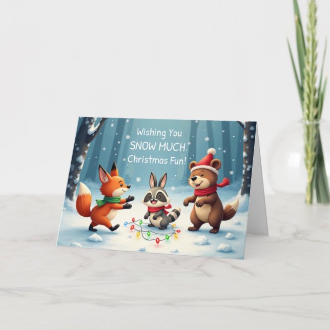 Kids Christmas Snow Much Fun with Woodland Animals Karte (Vorderseite)
