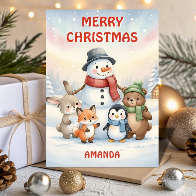 Kids Christmas Snowman & Little Animals Feiertagskarte (Von Creator hochgeladen)