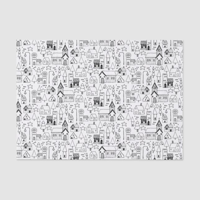 Kids Christmas Village Whimsical Black & White Seidenpapier (Vorderseite)
