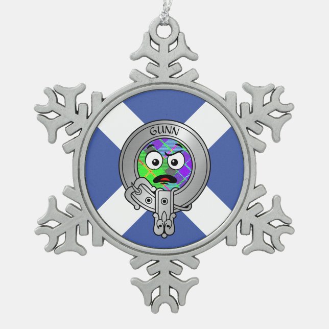Kids Clan Gunn Wappen & Tartan auf Salreifen Schneeflocken Zinn-Ornament (Vorderseite)