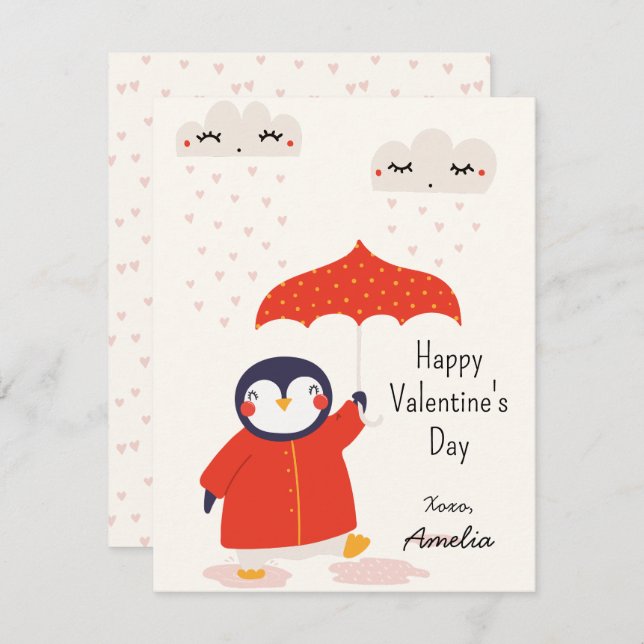 Kids Classroom Cute Penguin Valentine's Day Mitteilungskarte (Vorne/Hinten)