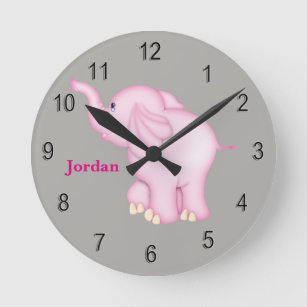 Kid's Clock Cute Pink Baby Elephant Runde Wanduhr