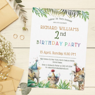 Kids Colorful Party Wilde Tiere Safari Geburtstag Einladung
