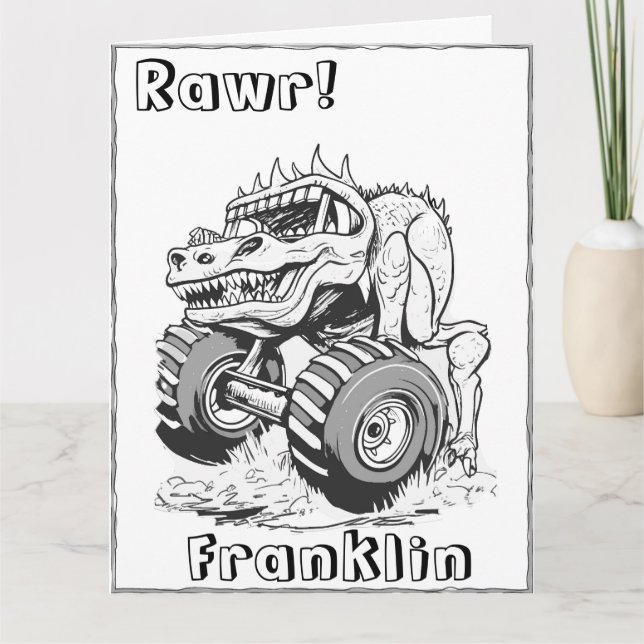Kids Coloring Page Dinosaurier Monster Truck Gebur Karte (Vorderseite)