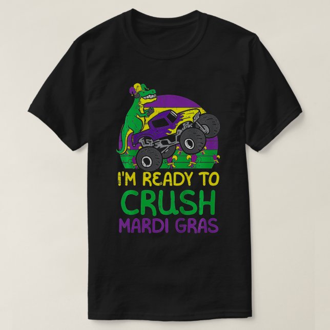Kids Crush Mardi Gras Dino Monster Truck Funny Tod T-Shirt (Design vorne)