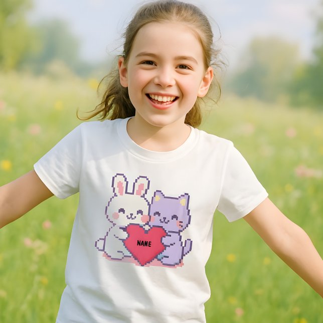 Kids’ Custom Kawaii Pixel Bunny & Cat Heart T-Shir T-Shirt (Von Creator hochgeladen)