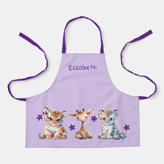 Kid's cute animals stars add name purple schürze (Vorderseite)