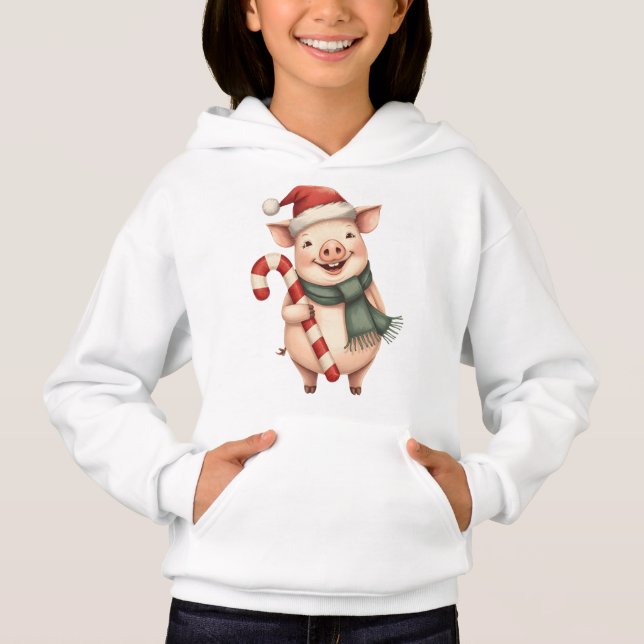 Kids Cute Christmas Pig with Candy Cane Hoodie (Vorderseite)
