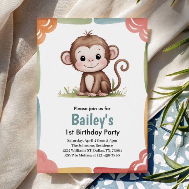 Kids Cute Monkey Jungle Birthday Party Einladung (Von Creator hochgeladen)
