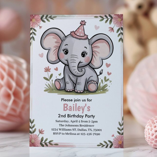 Kids Cute Pink Elephant 2nd Birthday Party Einladung (Von Creator hochgeladen)