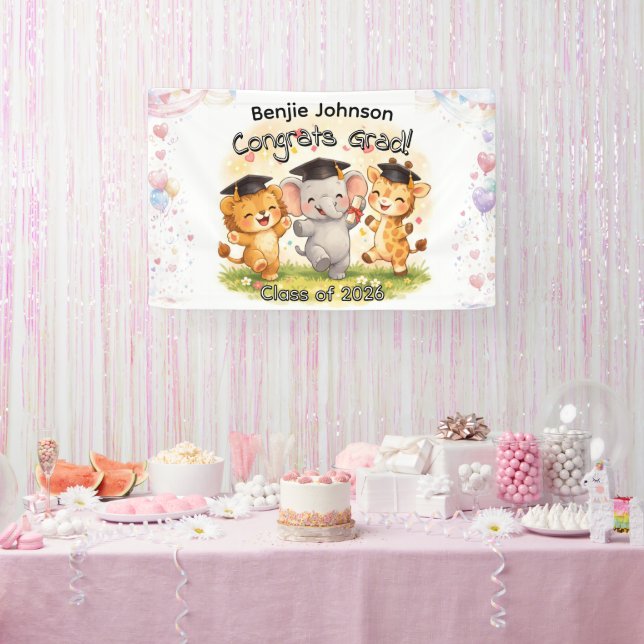 Kid's Cute Safari Graduation Banner w/ Name (Party)
