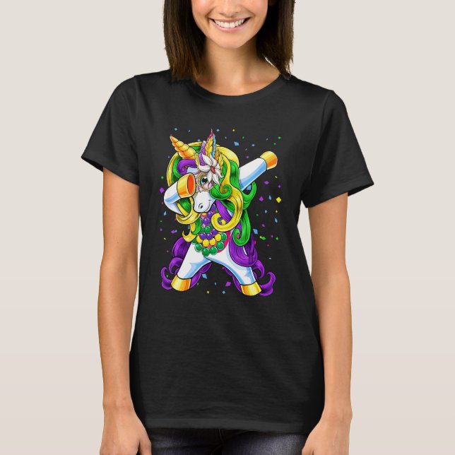 Kids Dabbing Unicorn Jester Hat Beads Mardi Gras Y T-Shirt (Vorderseite)