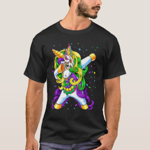 Kids Dabbing Unicorn Jester Hat Beads Mardi Gras Y T-Shirt