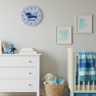 Kids Dachshund Wall Clock Blue Wiener Dog Nursery Große Wanduhr