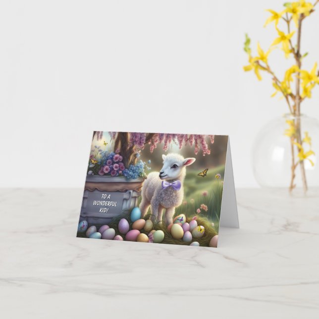 Kids Easter with Cute Lamb Eggs Flowers Karte (Gelbe Blume)