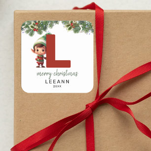 Kids Elf Initial L Christmas Quadratischer Aufkleber
