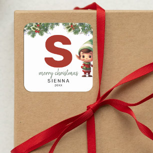 Kids Elf Initial S Christmas Quadratischer Aufkleber