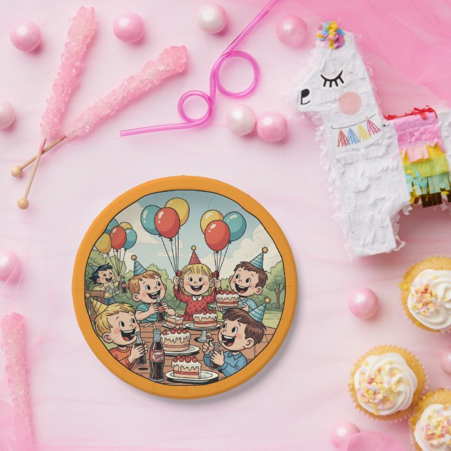 Kids Enjoying their Cakes, Sodas and Balloons Pappteller (Party)