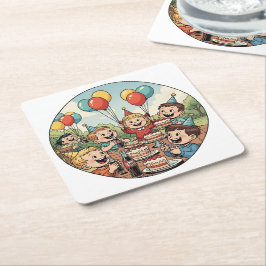 Kids Enjoying their Cakes, Sodas and Balloons Rechteckiger Pappuntersetzer