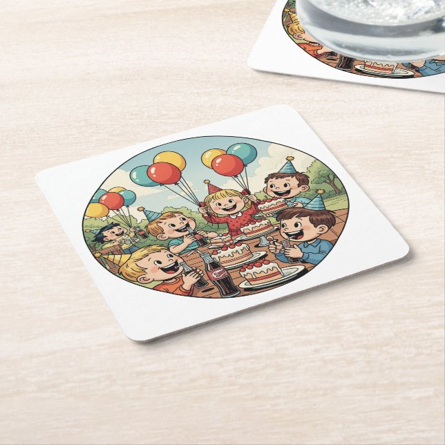 Kids Enjoying their Cakes, Sodas and Balloons Rechteckiger Pappuntersetzer (angewinkelt)