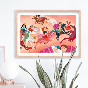 Kids Feen & Dragon pink Märchendarstellung Poster