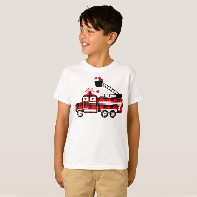 Kids Fire Trucks Buffalo Kariert Heart Valentines T-Shirt (Vorne ganz)