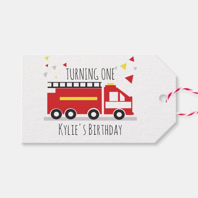 Kids Firetruck Fun Confetti Geburtsname Geschenkanhänger (Vorderseite (Horizontal))