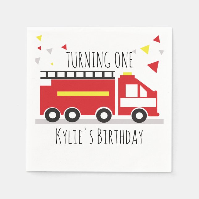 Kids Firetruck Fun Confetti Geburtsname Serviette (Vorderseite)