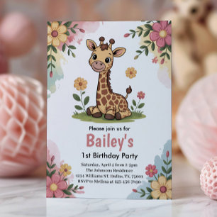 Kids Floral Giraffe Jungle 1. Geburtstag Party Einladung