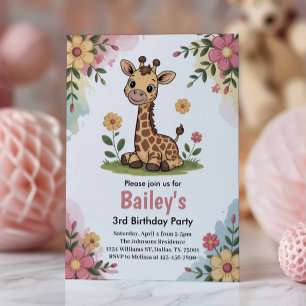 Kids Floral Giraffe Jungle 3. Geburtstag Party Einladung