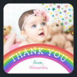 Kids Foto Birthday Vielen Dank Quadratischer Aufkleber<br><div class="desc">Niedlicher,  farbenfroher Kindergeburtstag bedankt sich beim Aufkleber für Gefallen mit Foto,  Regenbogen und bunten Sternen.</div>