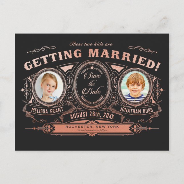 Kids Foto Save the Date Postkarten Rose Gold Fossi (Vorderseite)