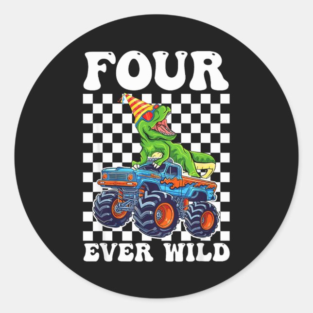 Kids Four Ever Wild Dinosaur Monster Truck 4th Bir Runder Aufkleber (Vorderseite)