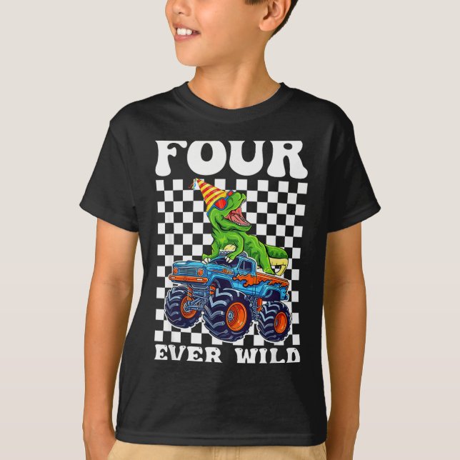Kids Four Ever Wild Dinosaur Monster Truck 4th Bir T-Shirt (Vorderseite)